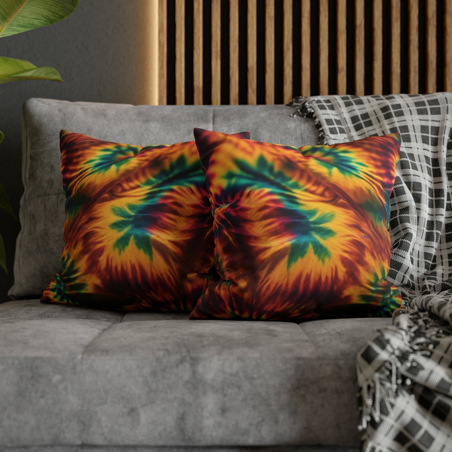 Spun Polyester Square Pillowcase Orange/Green Leaves