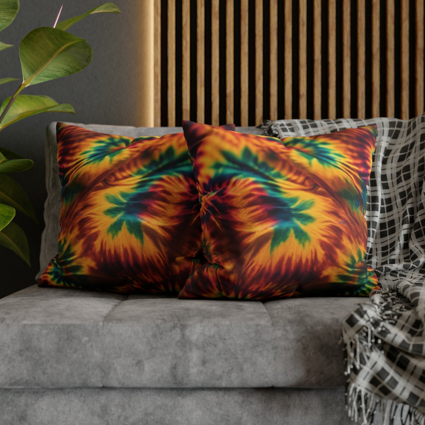 Spun Polyester Square Pillowcase Orange/Green Leaves