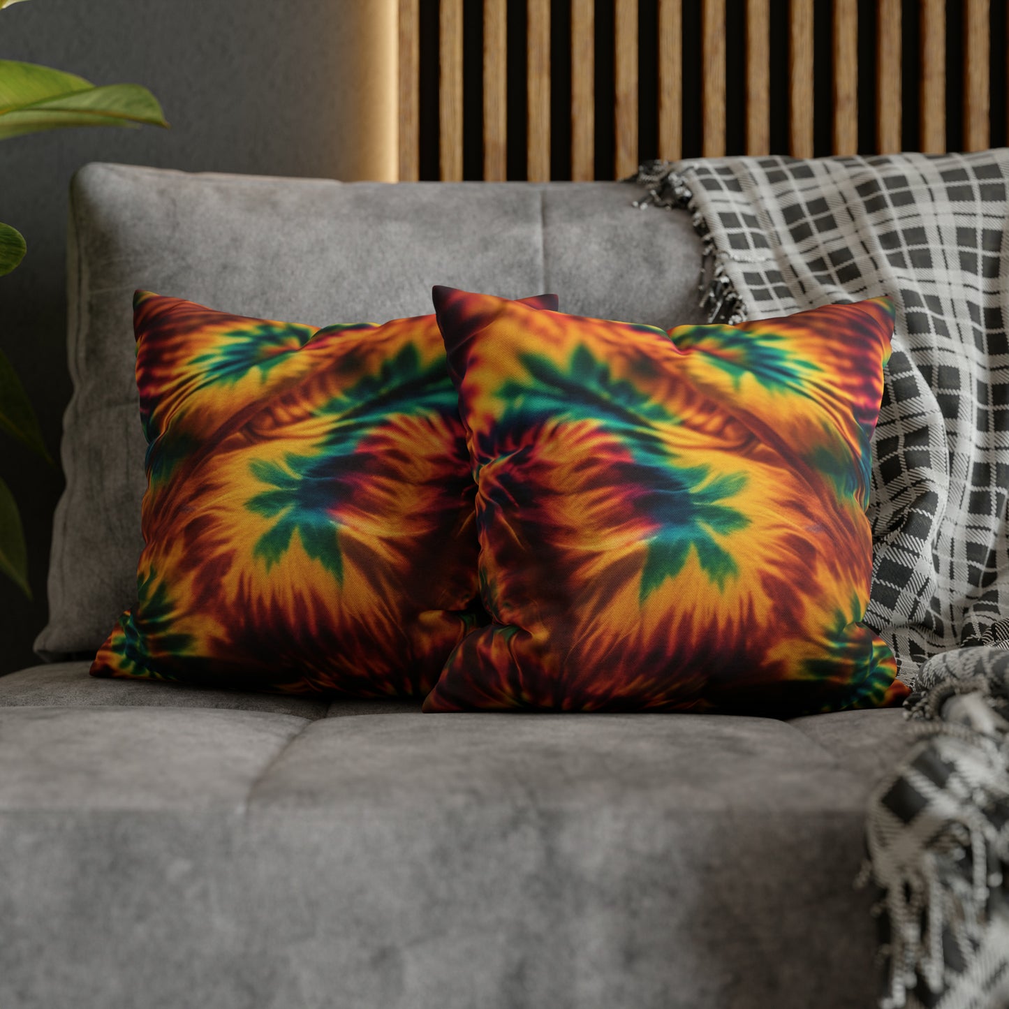 Spun Polyester Square Pillowcase Orange/Green Leaves
