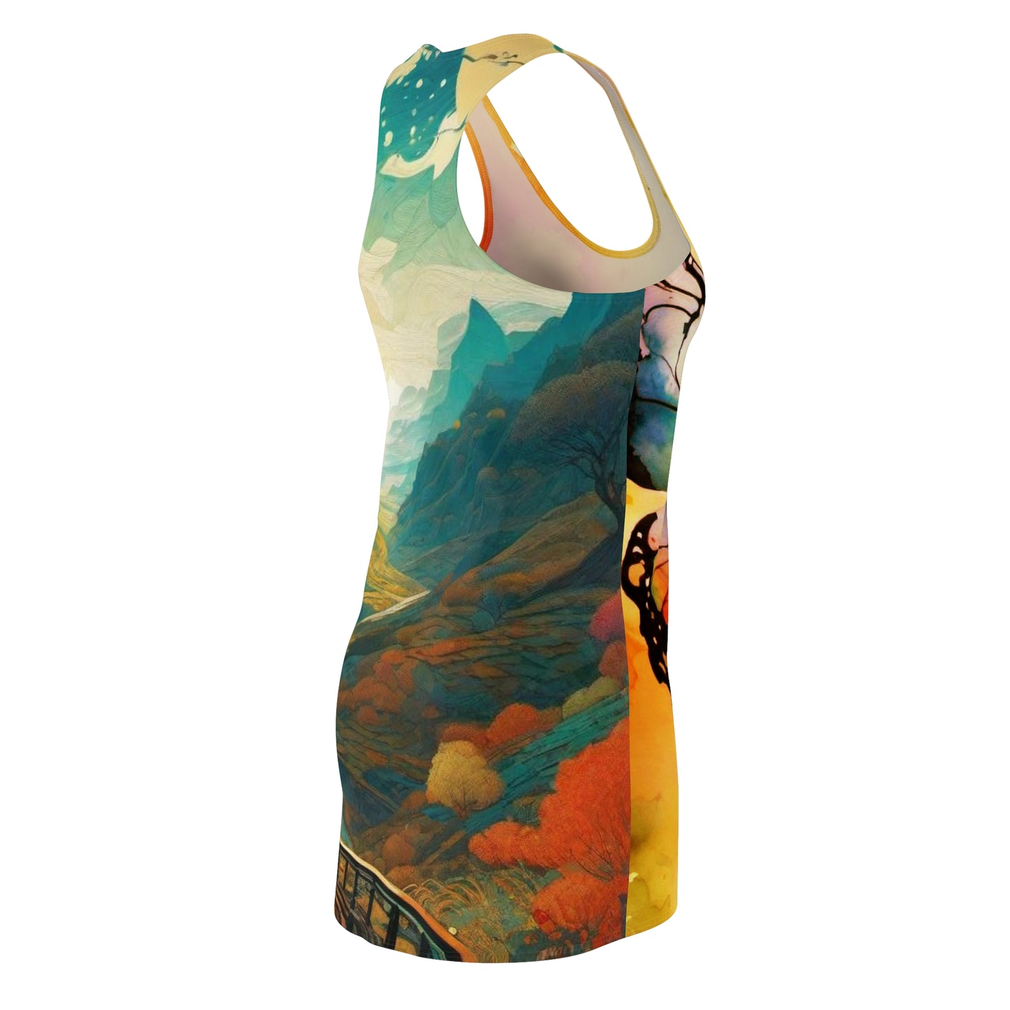 Women's Cut & Sew Racerback Dress - Yellow Butterfly & Landscape - 2 Sided