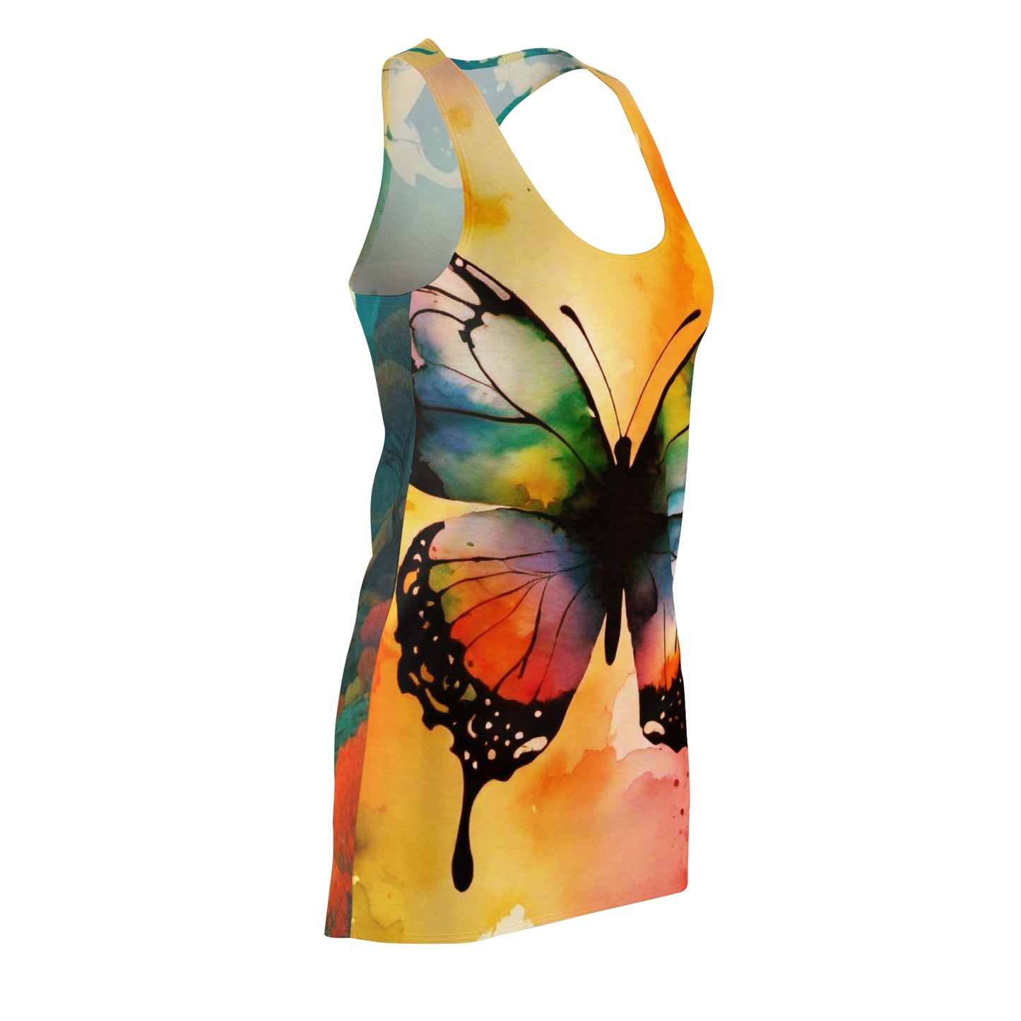 Women's Cut & Sew Racerback Dress - Yellow Butterfly & Landscape - 2 Sided