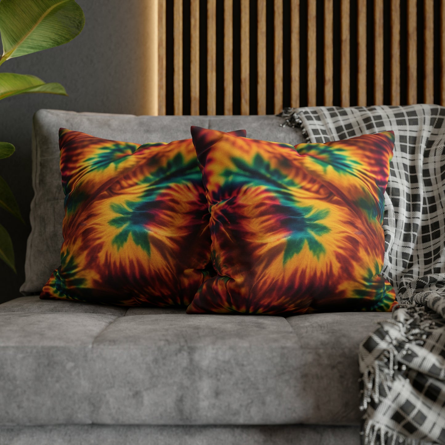 Spun Polyester Square Pillowcase Orange/Green Leaves